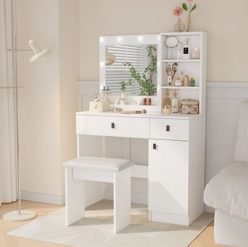White vanity table with mirror and stool in a room setting