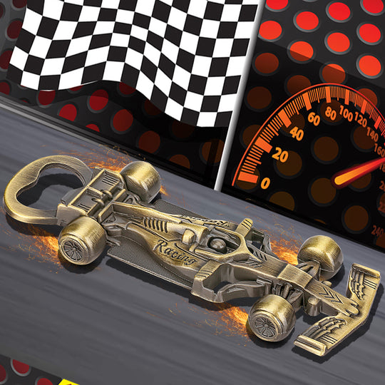 Gold racing car bottle opener with checkered flag and speedometer in the background