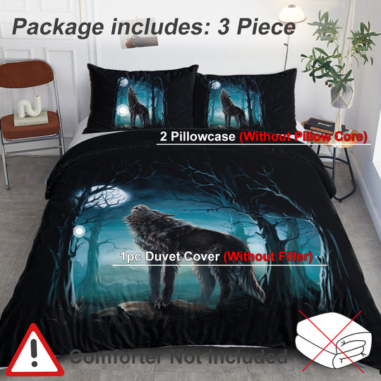 Watercolor Wolf Forest 3-Piece Duvet Cover Set