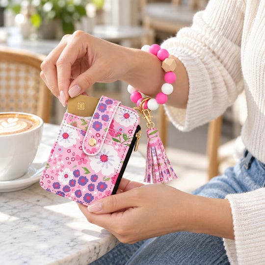 Floral Leather Card Bag with Wristlet