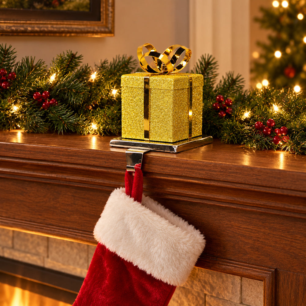 Gold Gift Box Christmas Stocking Holder