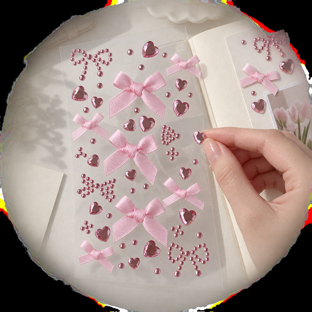 3D Bow & Heart Gem Decorative Sticker Sheet