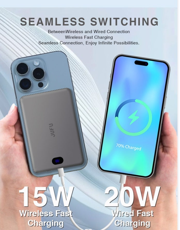 Two smartphones with charging cables, one labeled &