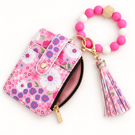 Floral Leather Card Bag with Wristlet