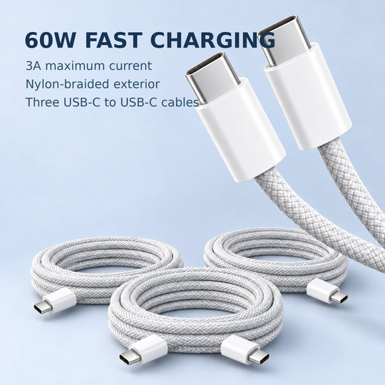 3-Pack 60W Braided USB-C to USB-C Cables