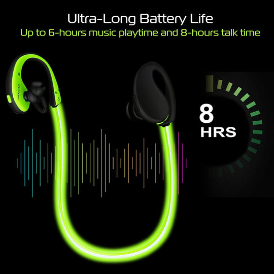 Green wireless earbuds with charging case on a black background, highlighting battery life.