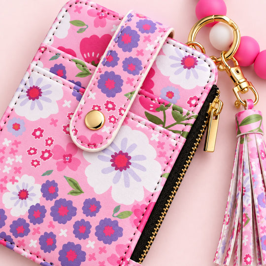 Floral Leather Card Bag with Wristlet