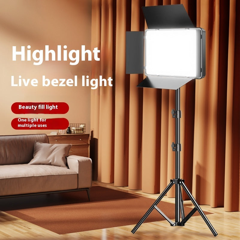 Studio light on a stand in a living room setting with text highlighting features.
