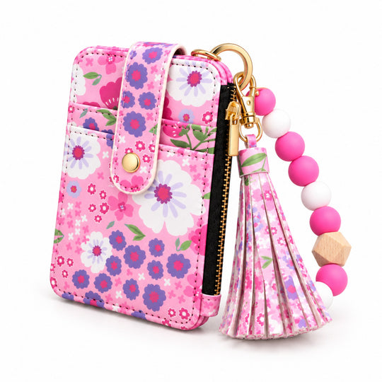 Floral Leather Card Bag with Wristlet