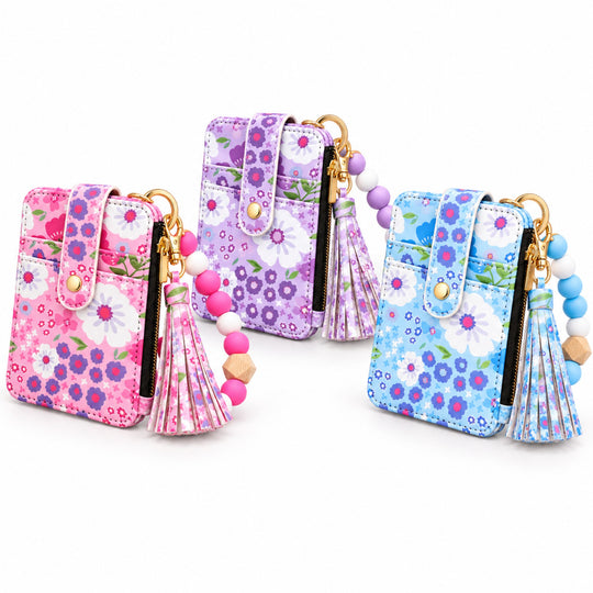 Floral Leather Card Bag with Wristlet