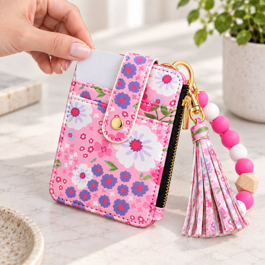 Floral Leather Card Bag with Wristlet