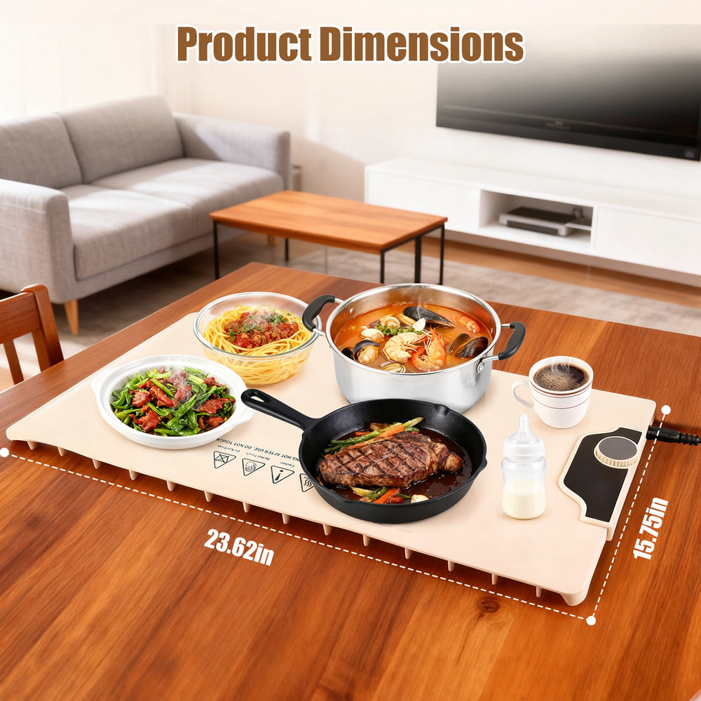 Cooking setup on a portable stove mat with food items in a living room setting, showing product dimensions.