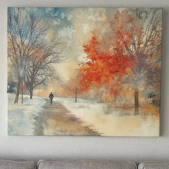 Painting of a winter landscape with a person walking on a path, featuring trees with autumn foliage.