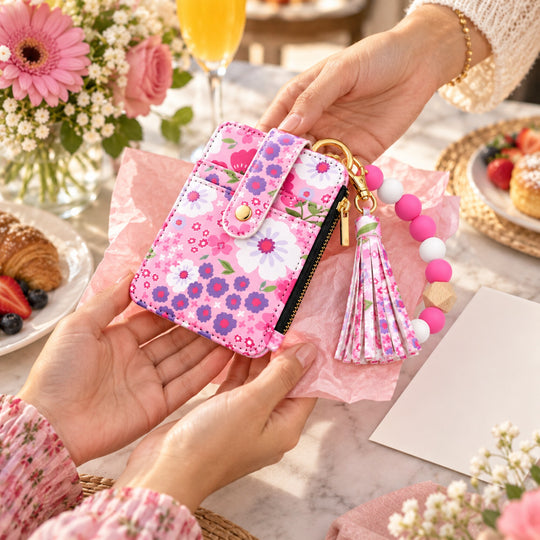 Floral Leather Card Bag with Wristlet