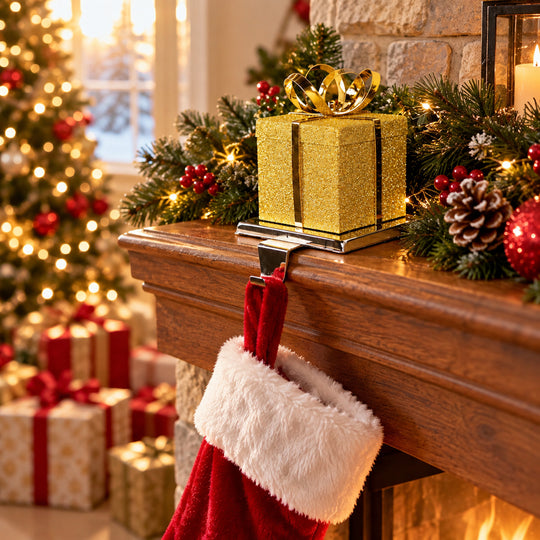 Gold Gift Box Christmas Stocking Holder
