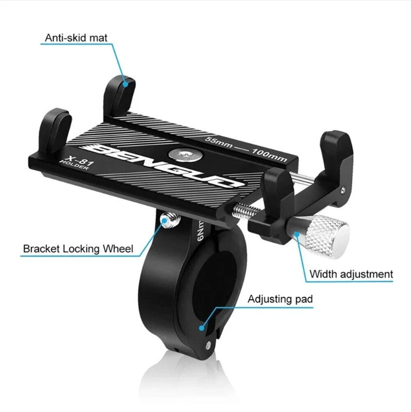 Motorcycle phone mount with labeled features on a white background
