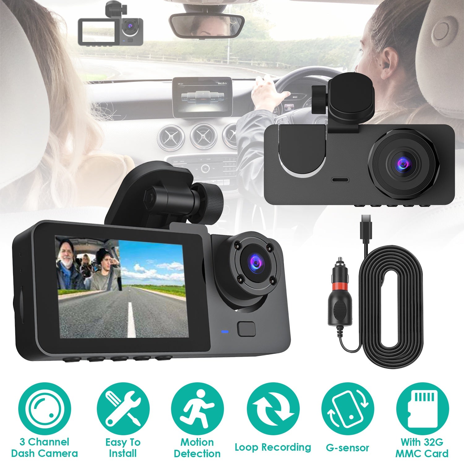 Car dashboard camera with installation kit and accessories on a white background