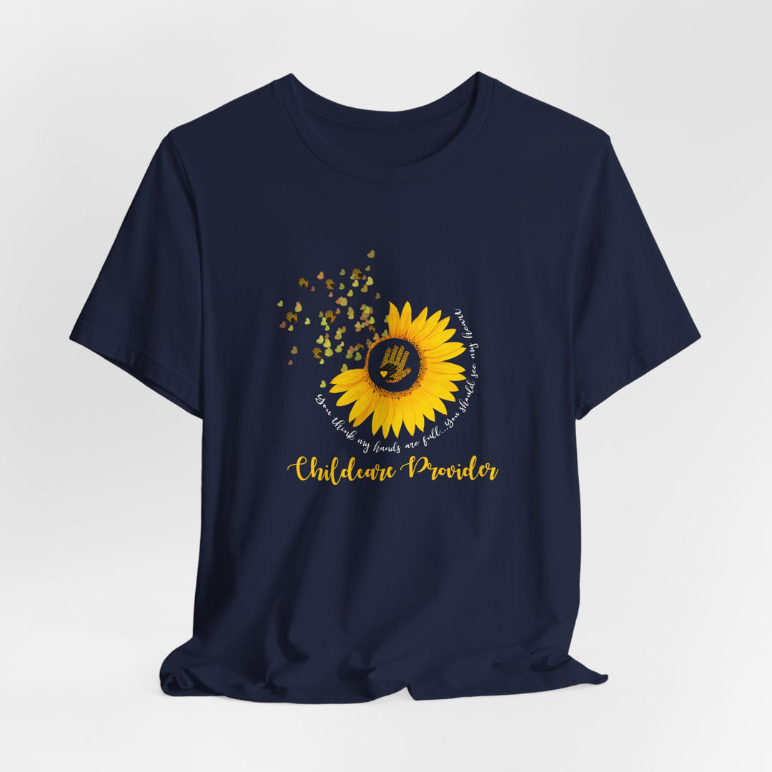 Navy blue t-shirt with a sunflower graphic and text on a white background