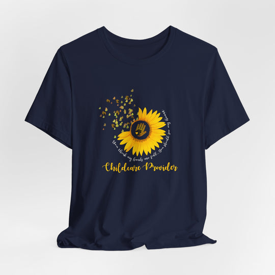 Navy blue t-shirt with a sunflower graphic and text on a white background
