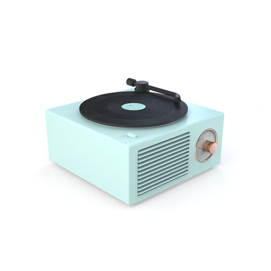 Light blue record player with black turntable on a white background