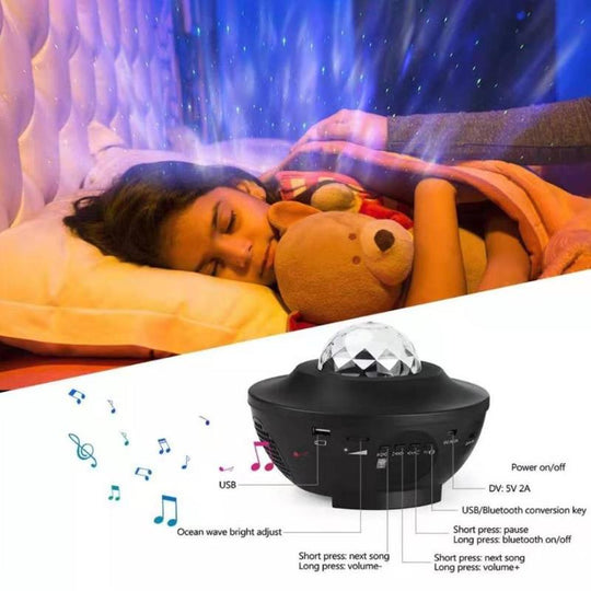 Person lying down with a teddy bear, surrounded by a starry night light projector, with product details on the left.