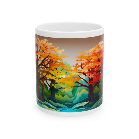 Mug with a colorful autumn landscape design on a white background
