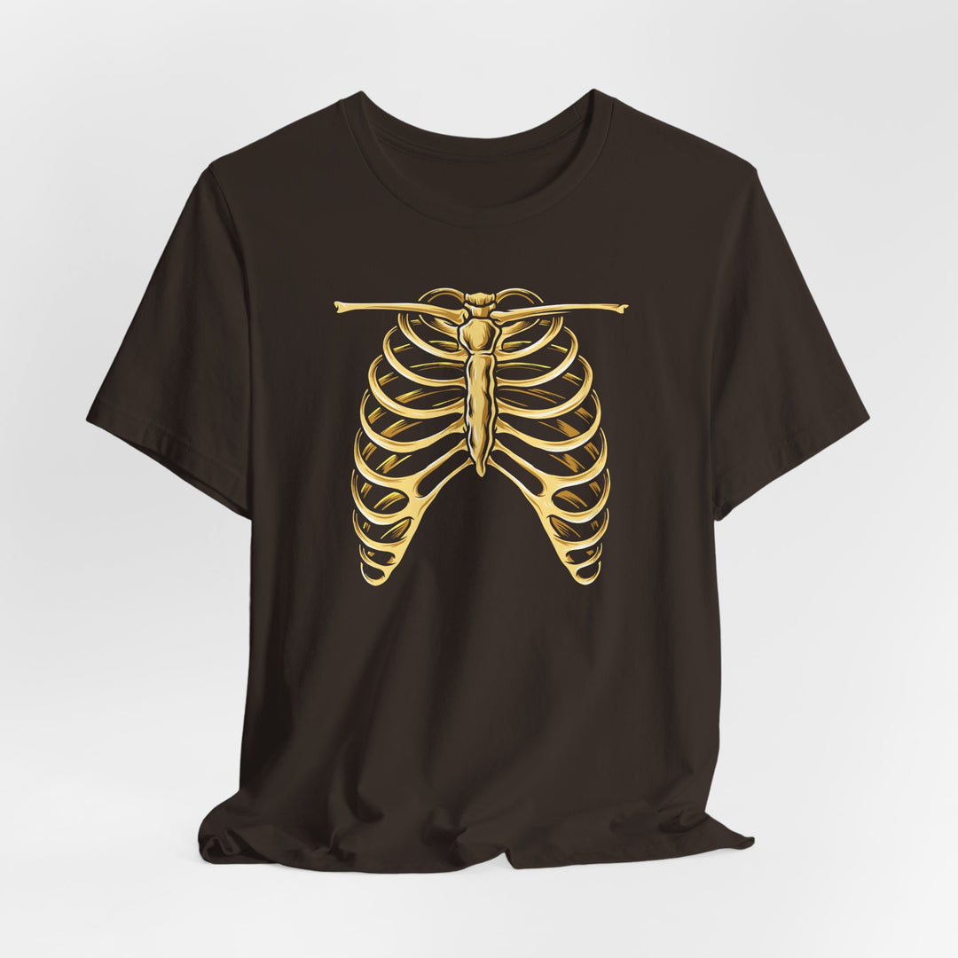 Black t-shirt with gold ribcage design on a white background