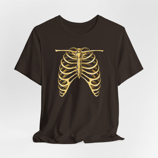 Black t-shirt with gold ribcage design on a white background