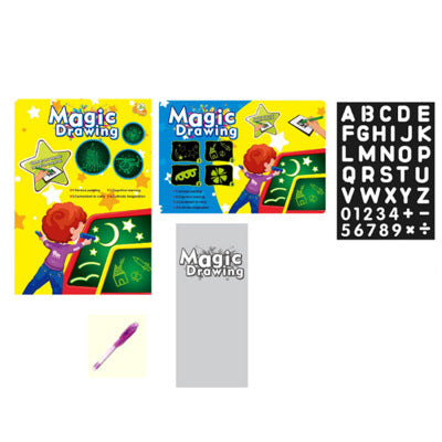 Magic Drawing kit with coloring book, stickers, and pen on a white background