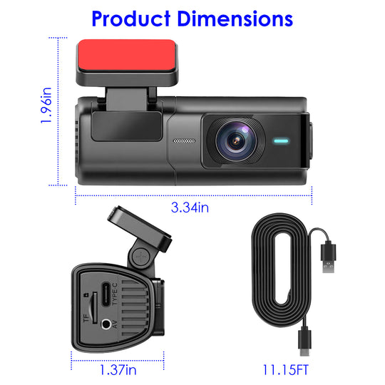 Car dashboard camera with dimensions and accessories on a white background