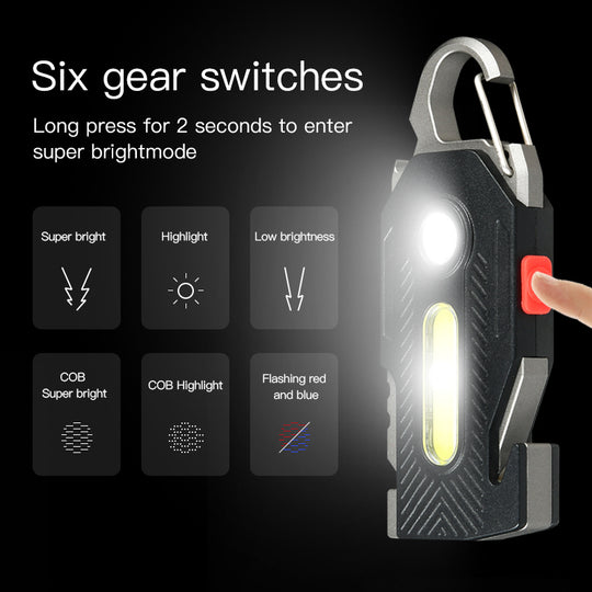 Multifunctional flashlight with six gear switches on a dark background