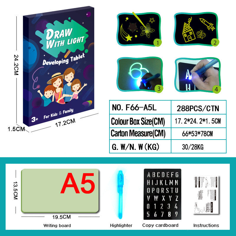 Product packaging and features of a drawing tablet with dimensions and components displayed.