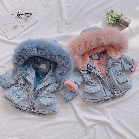 Cozy Denim Fur-Lined Jacket for Girls (Blue &amp; Pink)