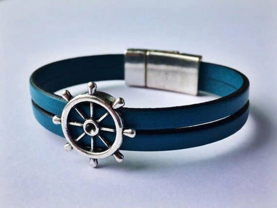 Nautical Genuine Leather Wheel Charm Bracelet