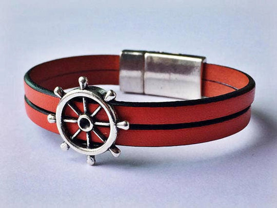 Nautical Genuine Leather Wheel Charm Bracelet