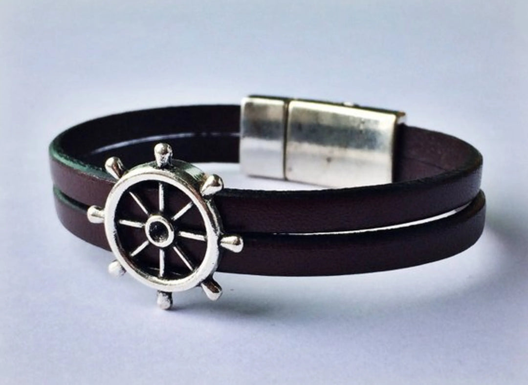 Nautical Genuine Leather Wheel Charm Bracelet