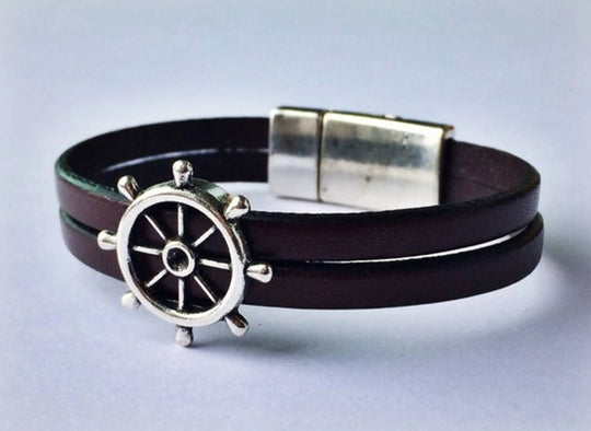 Nautical Genuine Leather Wheel Charm Bracelet