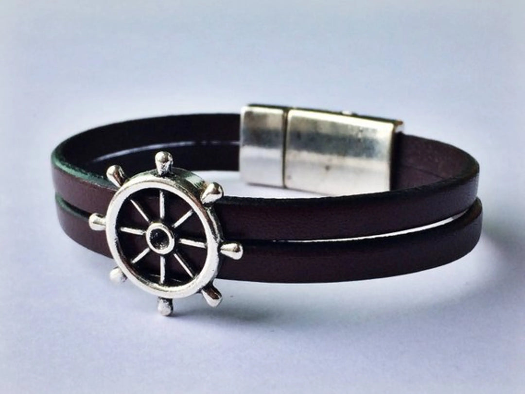 Nautical Genuine Leather Wheel Charm Bracelet