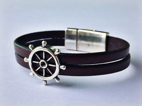 Nautical Genuine Leather Wheel Charm Bracelet