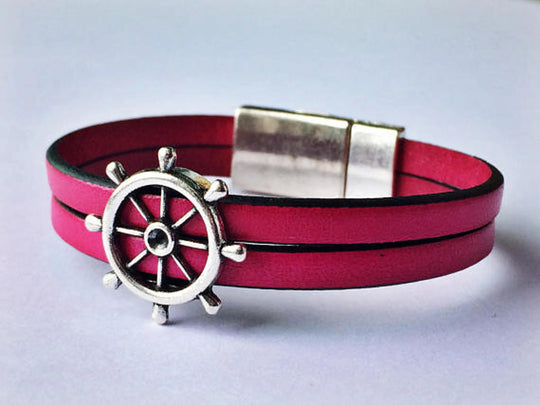 Nautical Genuine Leather Wheel Charm Bracelet