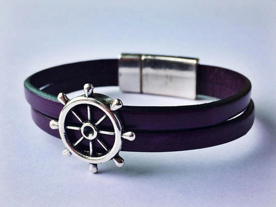 Nautical Genuine Leather Wheel Charm Bracelet