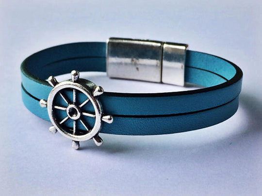 Nautical Genuine Leather Wheel Charm Bracelet