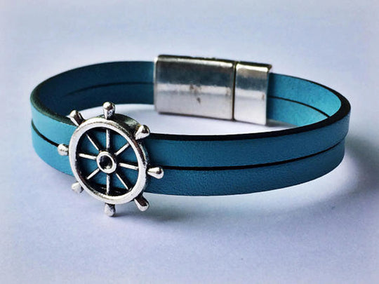 Nautical Genuine Leather Wheel Charm Bracelet