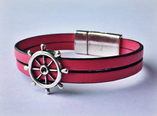 Nautical Genuine Leather Wheel Charm Bracelet
