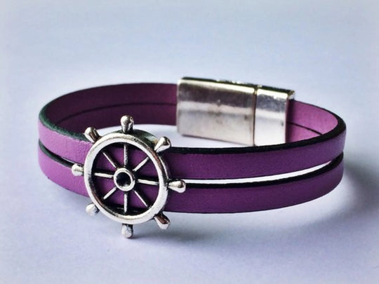 Nautical Genuine Leather Wheel Charm Bracelet
