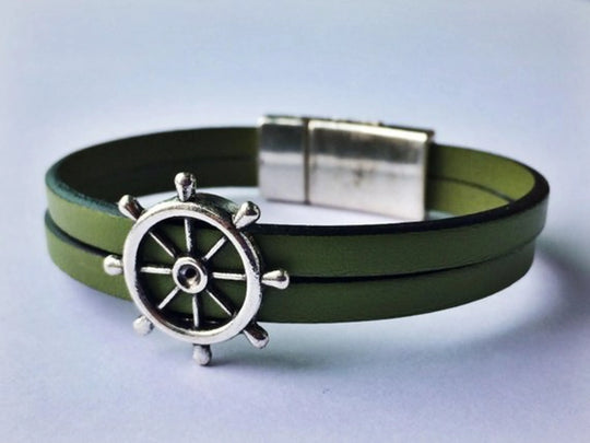 Nautical Genuine Leather Wheel Charm Bracelet