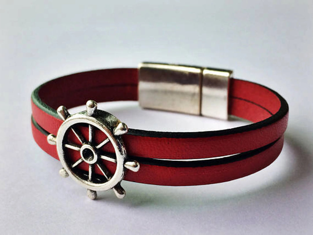 Nautical Genuine Leather Wheel Charm Bracelet