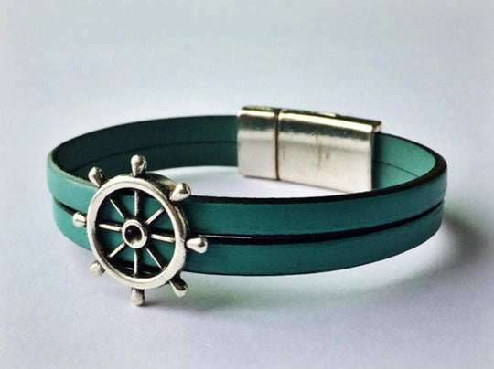 Nautical Genuine Leather Wheel Charm Bracelet