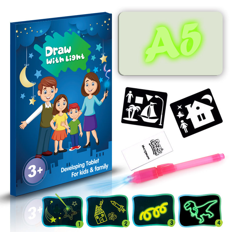 Drawing tablet set with packaging, light-up pen, and pre-printed stencils on a white background.