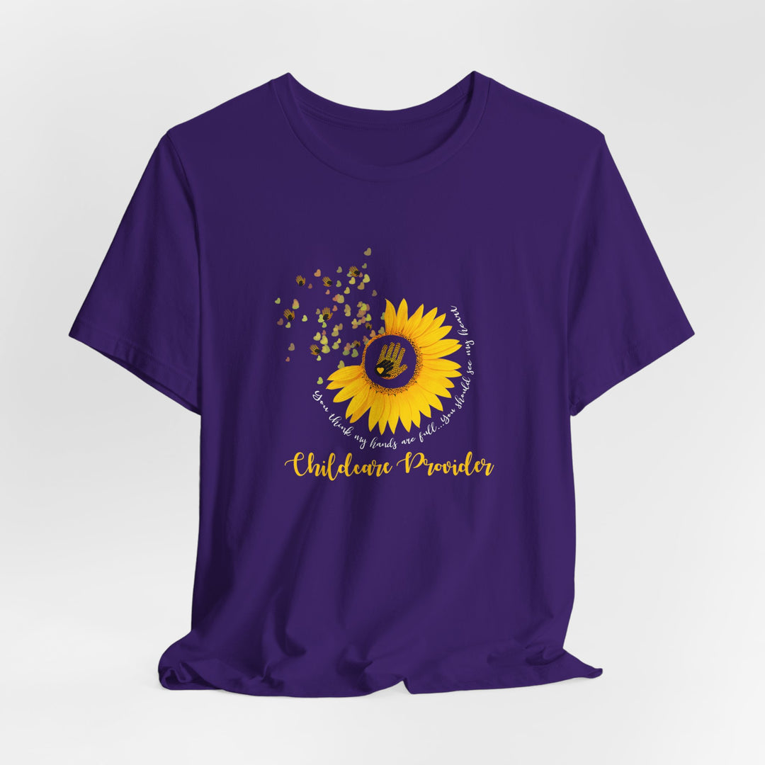 Purple t-shirt with a yellow sunflower graphic and text on a white background
